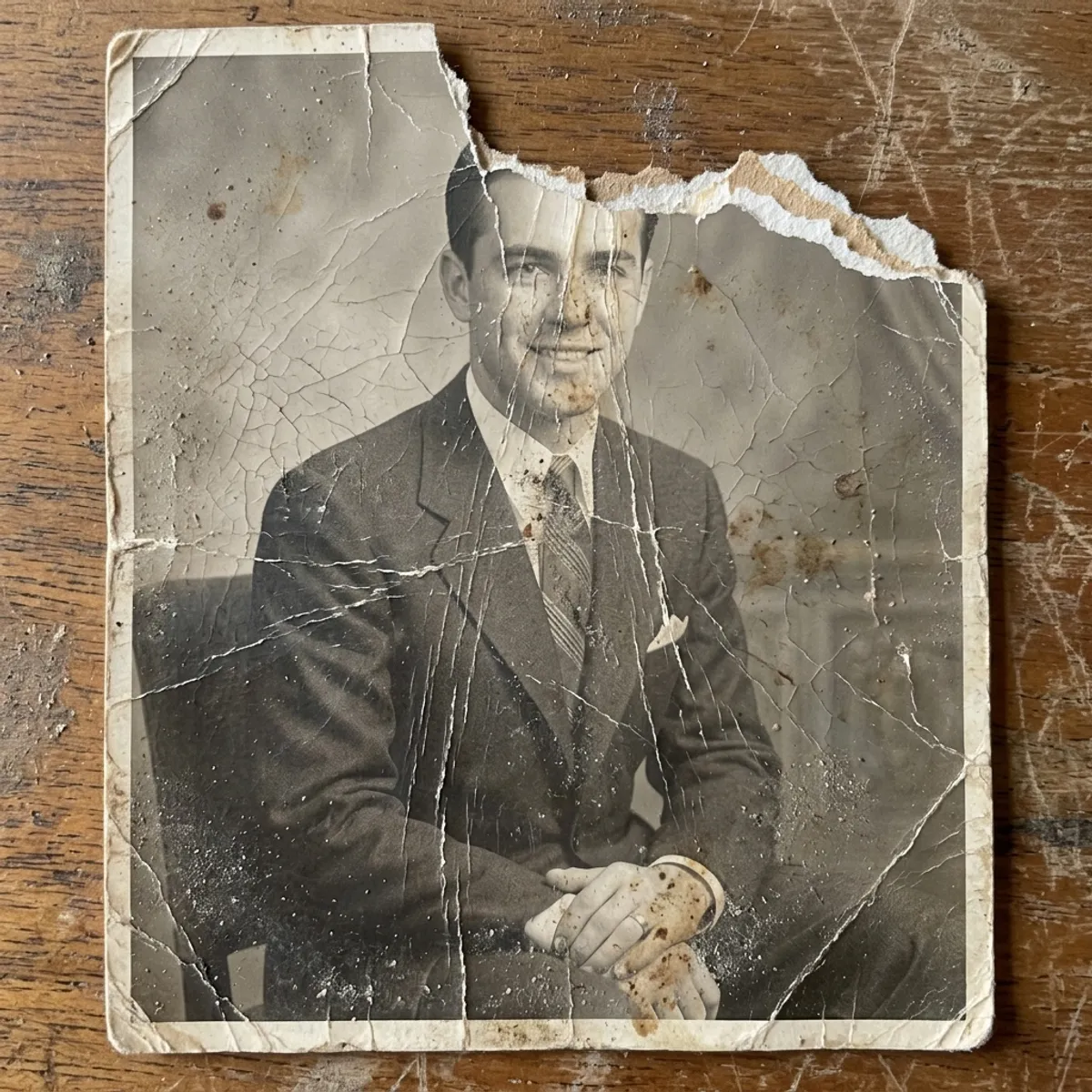 Original damaged 1940s black-and-white photograph before restoration