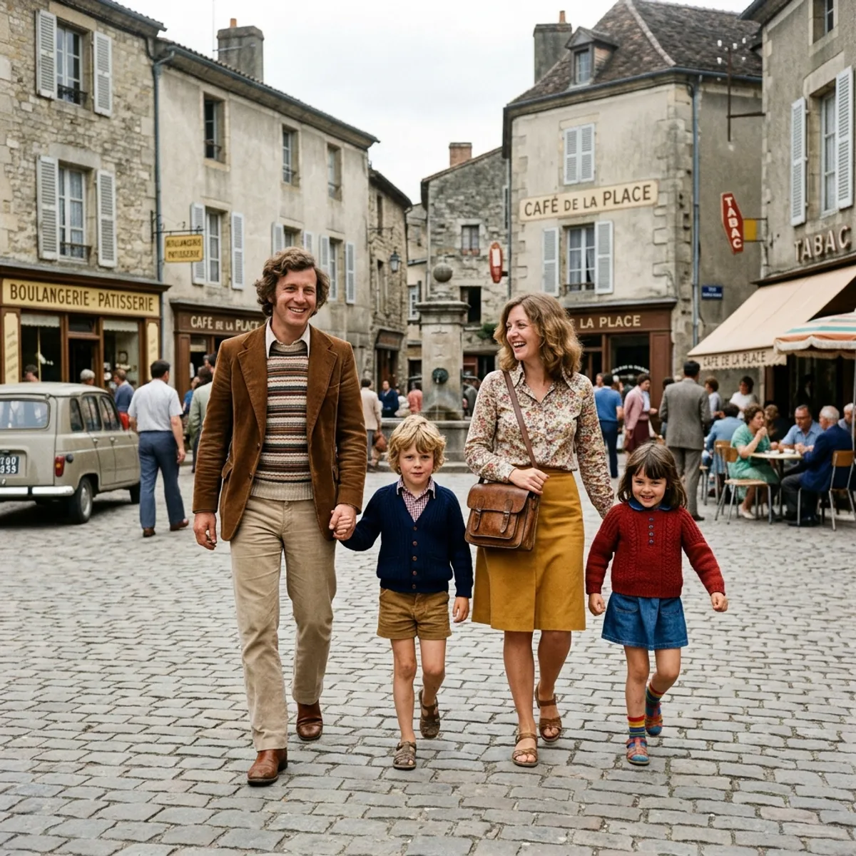 Restored 1970s color family photo, faded original next to restored version