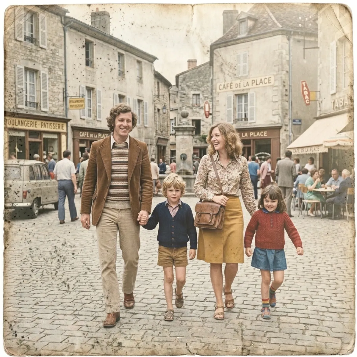 Sun-faded 1970s family photo with water spots, before restoration