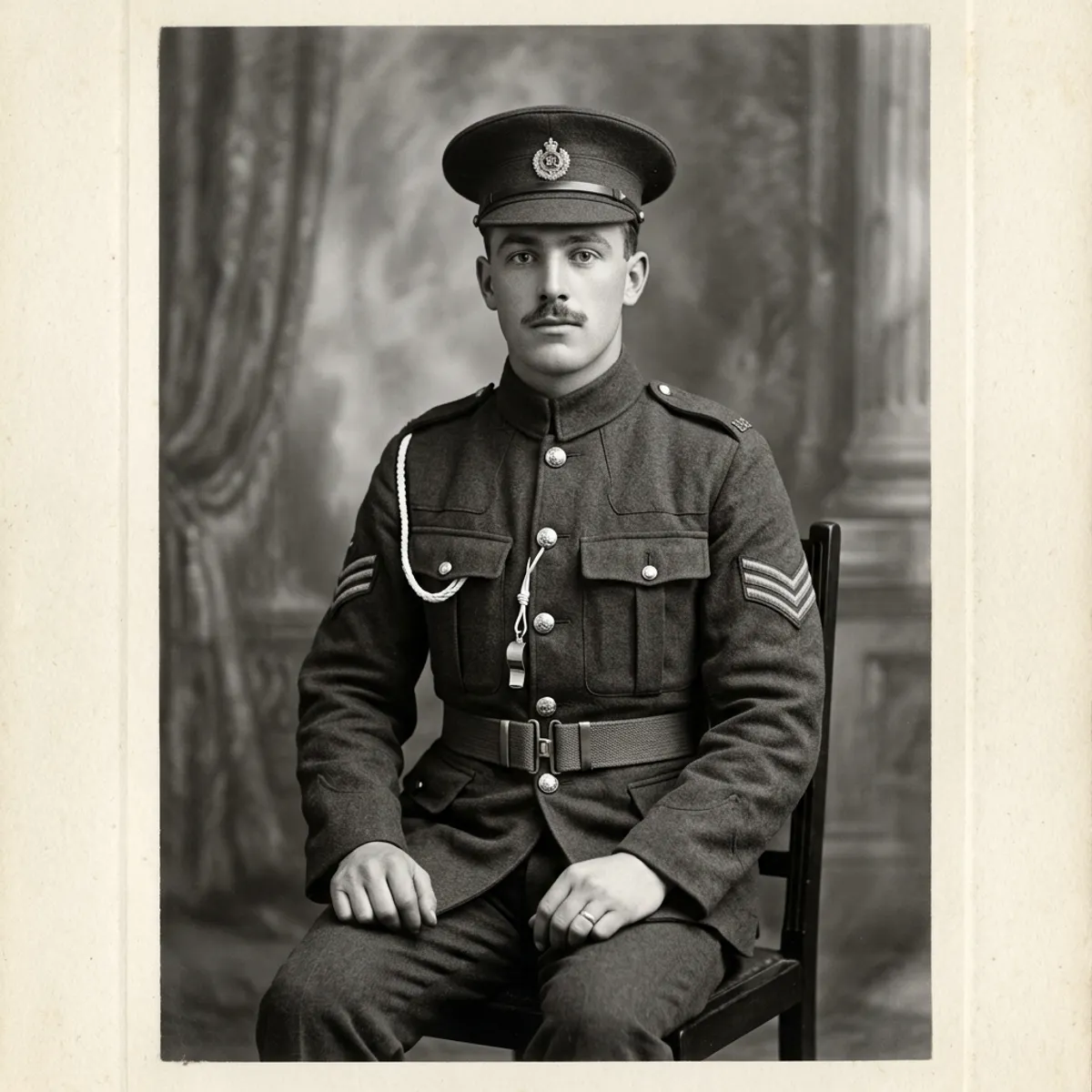 Restored 1910s soldier portrait, creased original next to repaired version