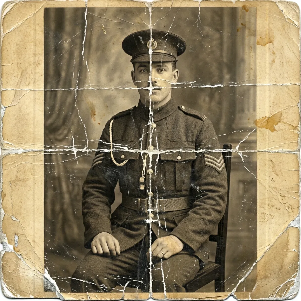 Creased 1910s soldier portrait with silver mirroring, before restoration